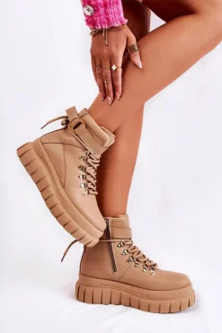 Modne Damskie Botki Na Platformie Z Paskiem Beżowe La Blanca