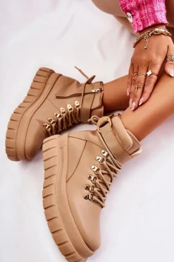 Modne Damskie Botki Na Platformie Z Paskiem Beżowe La Blanca