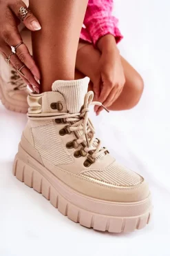 Modne Damskie Botki Na Platformie Beżowe Magnific