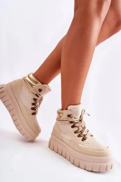 Modne Damskie Botki Na Platformie Beżowe Magnific