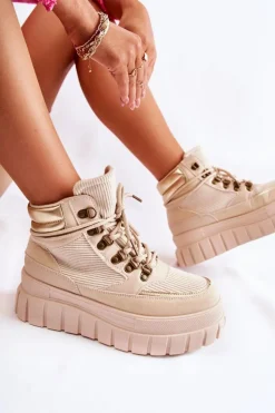 Modne Damskie Botki Na Platformie Beżowe Magnific