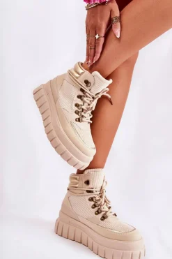 Modne Damskie Botki Na Platformie Beżowe Magnific