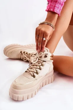Modne Damskie Botki Na Platformie Beżowe Magnific