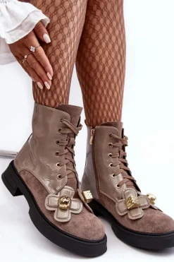 Modne Damskie Botki Na Suwak Z Ozdobami D&A MR870-76 Szaro-Brązowe