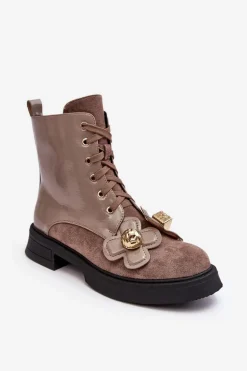 Modne Damskie Botki Na Suwak Z Ozdobami D&A MR870-76 Szaro-Brązowe