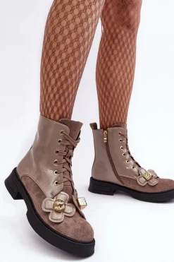 Modne Damskie Botki Na Suwak Z Ozdobami D&A MR870-76 Szaro-Brązowe