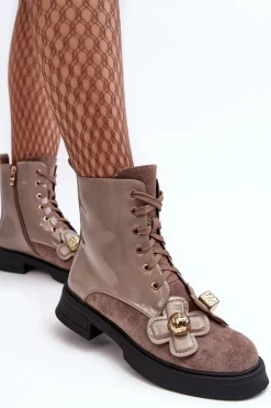 Modne Damskie Botki Na Suwak Z Ozdobami D&A MR870-76 Szaro-Brązowe