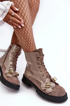 Modne Damskie Botki Na Suwak Z Ozdobami D&A MR870-76 Szaro-Brązowe