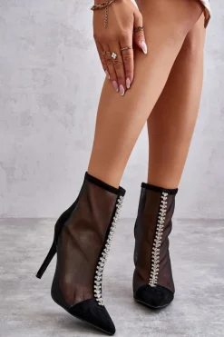 Modne Damskie Botki Na Szpilce Z Siateczką Czarne Rummi
