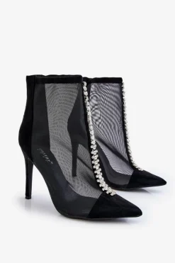 Modne Damskie Botki Na Szpilce Z Siateczką Czarne Rummi
