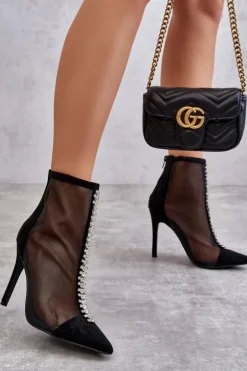 Modne Damskie Botki Na Szpilce Z Siateczką Czarne Rummi