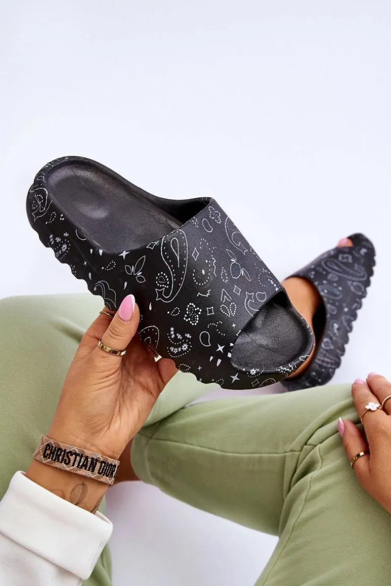 Modne Damskie Klapki Na Masywnej Platformie Czarne Lorette