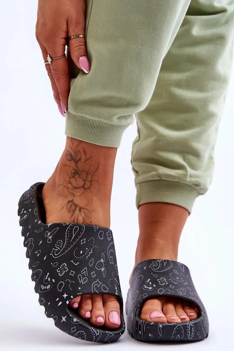 Modne Damskie Klapki Na Masywnej Platformie Czarne Lorette