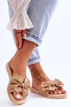 Modne Damskie Klapki Z Kokardą Beżowe Estera