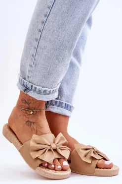 Modne Damskie Klapki Z Kokardą Beżowe Estera