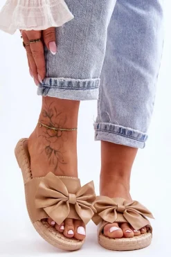 Modne Damskie Klapki Z Kokardą Beżowe Estera