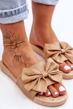 Modne Damskie Klapki Z Kokardą Beżowe Estera