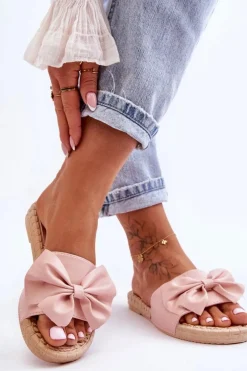 Modne Damskie Klapki Z Kokardą Różowe Estera