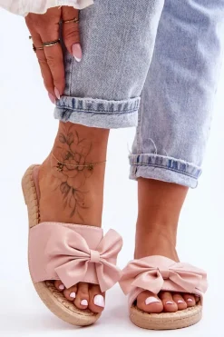 Modne Damskie Klapki Z Kokardą Różowe Estera