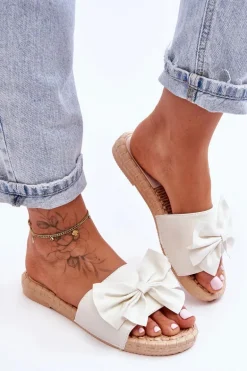 Modne Damskie Klapki Z Kokardą Białe Estera