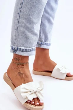 Modne Damskie Klapki Z Kokardą Białe Estera