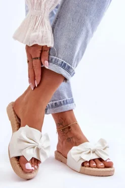 Modne Damskie Klapki Z Kokardą Białe Estera