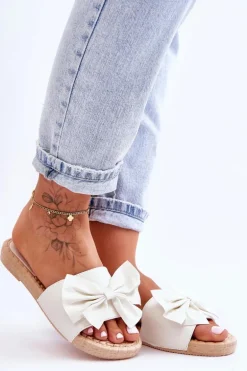 Modne Damskie Klapki Z Kokardą Białe Estera