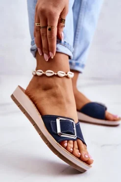 Modne Damskie Klapki Ze Sprzączką Inblu CP000031 Granatowe