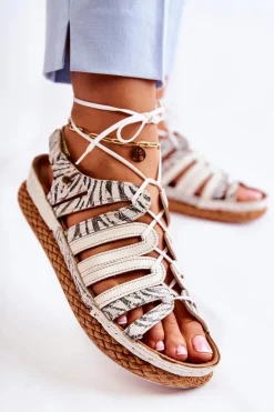 Modne Damskie Skórzane Sandały Maciejka 05552-04 Beżowo-Czarne