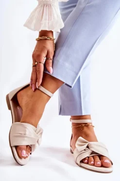 Modne Damskie Skórzane Sandały Beżowe Astana