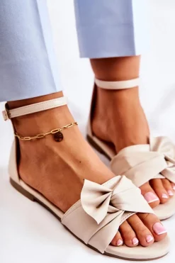 Modne Damskie Skórzane Sandały Beżowe Astana