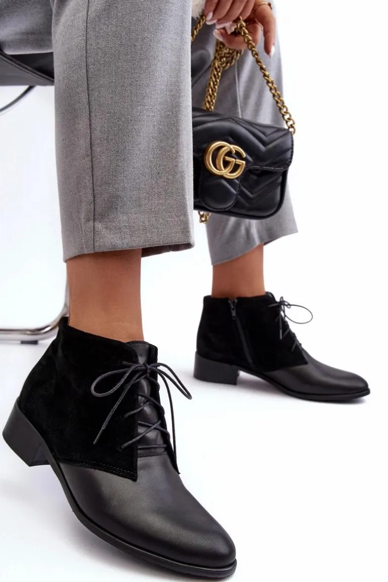 Modne Damskie Sznurowane Botki Czarne Kefora