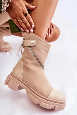 Modne Damskie Zamszowe Botki Na Suwak Beżowe Kandell