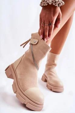 Modne Damskie Zamszowe Botki Na Suwak Beżowe Kandell
