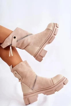 Modne Damskie Zamszowe Botki Na Suwak Beżowe Kandell
