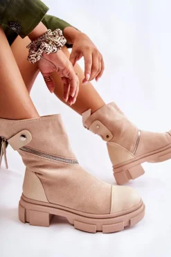 Modne Damskie Zamszowe Botki Na Suwak Beżowe Kandell