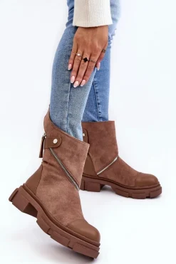 Modne Damskie Zamszowe Botki Na Suwak Ciemnobeżowe Kandell