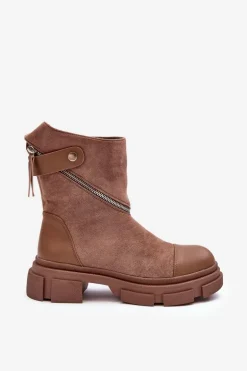 Modne Damskie Zamszowe Botki Na Suwak Ciemnobeżowe Kandell