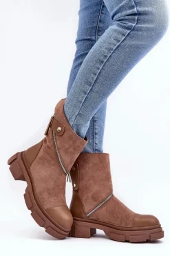 Modne Damskie Zamszowe Botki Na Suwak Ciemnobeżowe Kandell