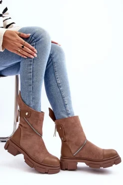 Modne Damskie Zamszowe Botki Na Suwak Ciemnobeżowe Kandell