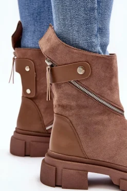 Modne Damskie Zamszowe Botki Na Suwak Ciemnobeżowe Kandell