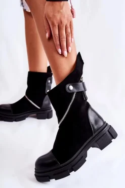 Modne Damskie Zamszowe Botki Na Suwak Czarne Kandell