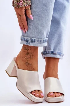 Modne Klapki Na Obcasie Sergio Leone KL322 Perłowe