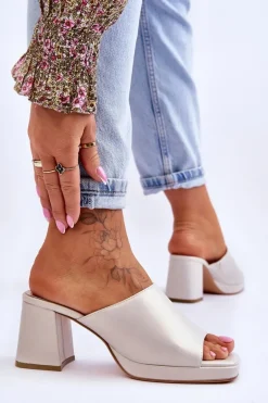 Modne Klapki Na Obcasie Sergio Leone KL322 Perłowe