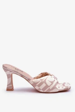 Modne Klapki Na Obcasie W Print Beżowe Floria