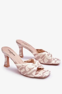 Modne Klapki Na Obcasie W Print Beżowe Floria