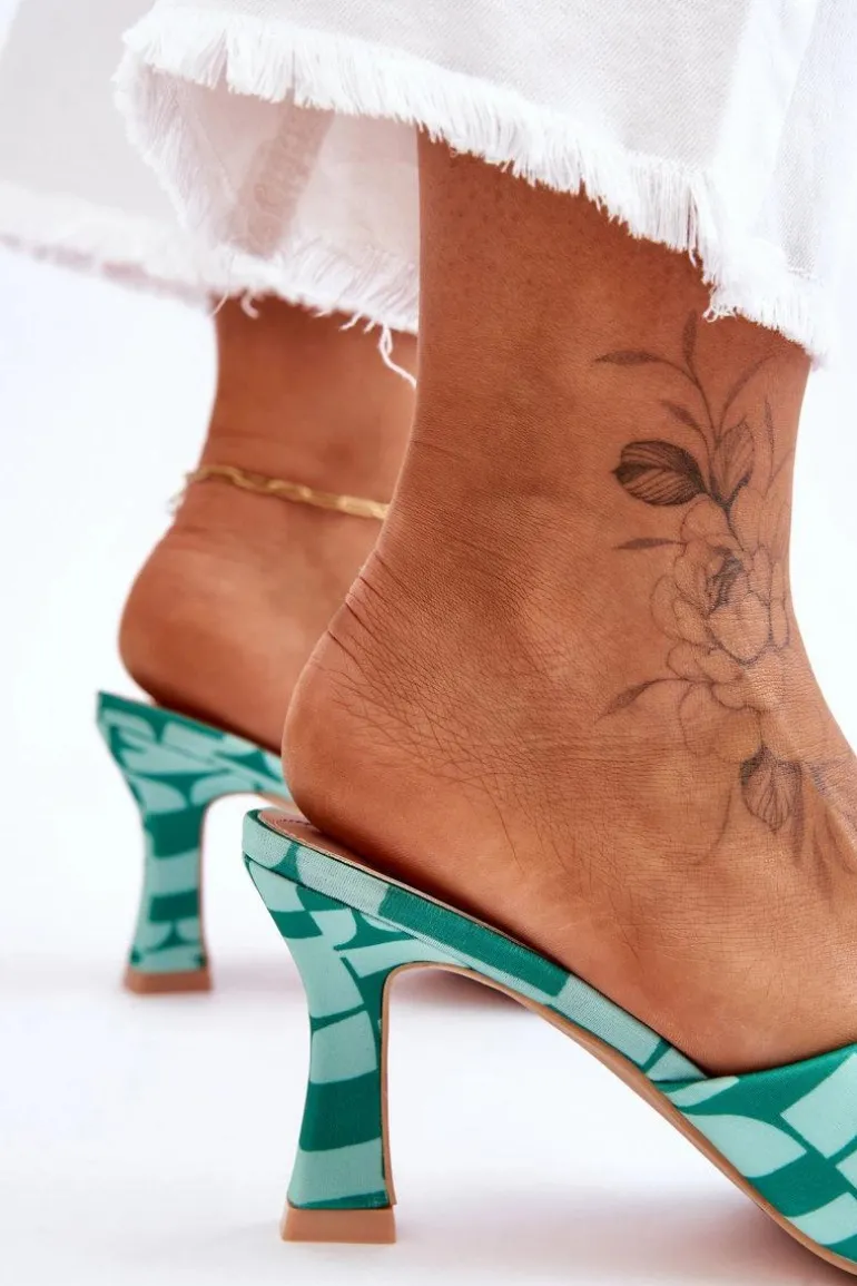 Modne Klapki Na Obcasie W Print Zielone Floria