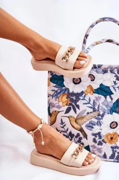 Modne Klapki Z Łańcuchem Beżowe Megosa