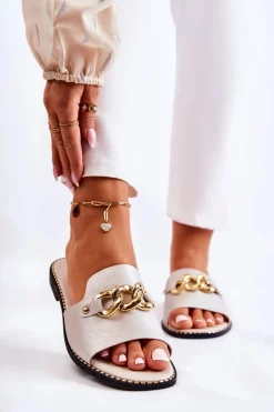 Modne Klapki Z Łańcuchem Na Płaskim Obcasie Złote Finess