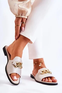 Modne Klapki Z Łańcuchem Na Płaskim Obcasie Złote Finess